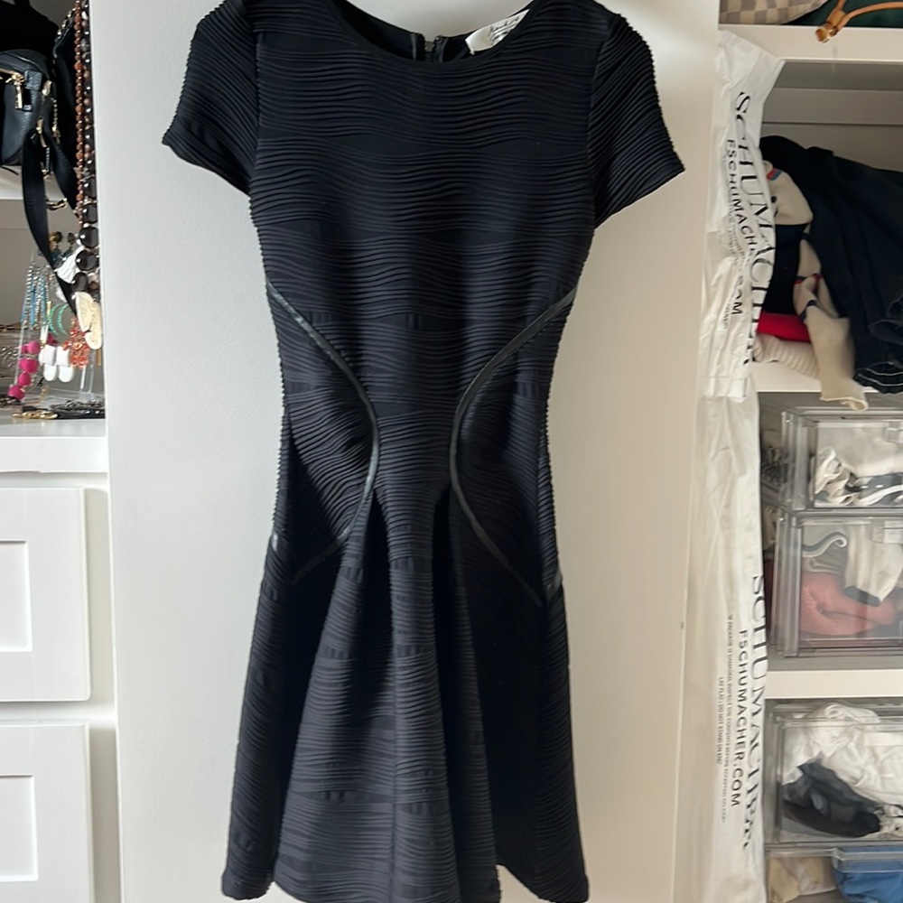 Badgley mischka mack & james black fit amd flair dress with faux leather details